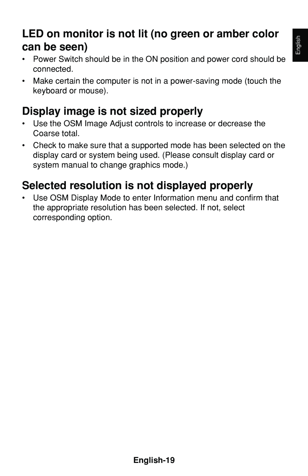 NEC LCD1530V user manual Display image is not sized properly, Selected resolution is not displayed properly, English-19 