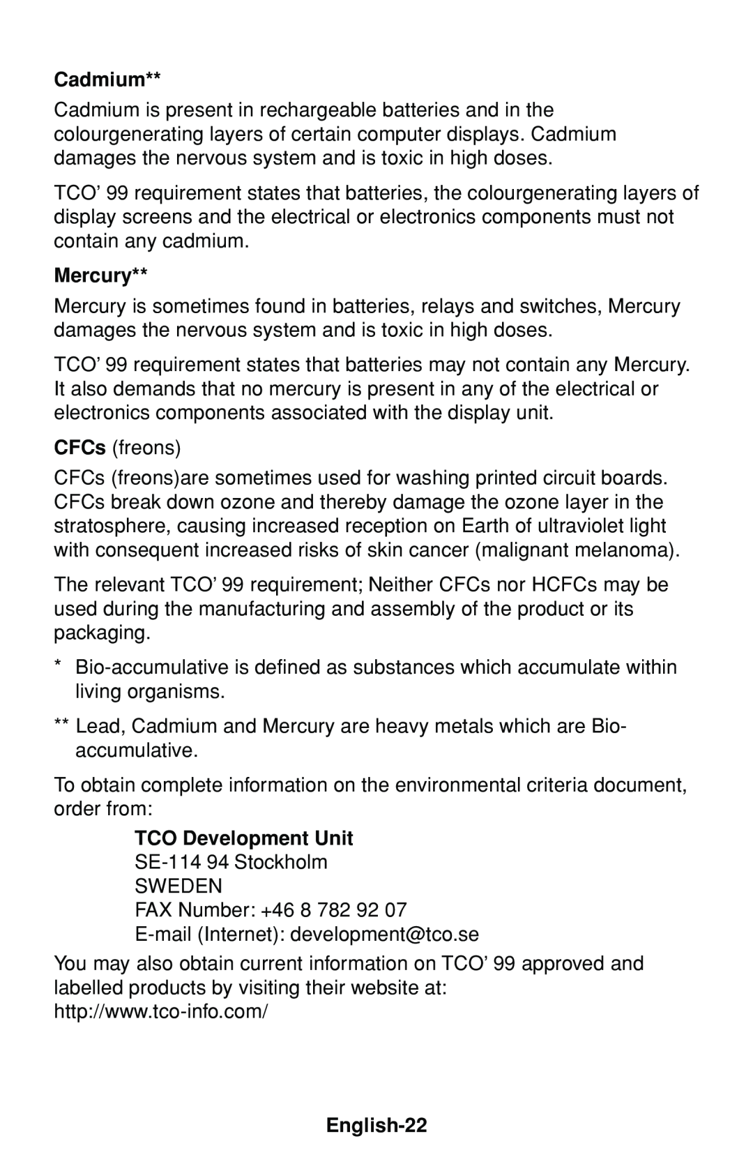 NEC LCD1530V user manual Cadmium, Mercury, TCO Development Unit, English-22 