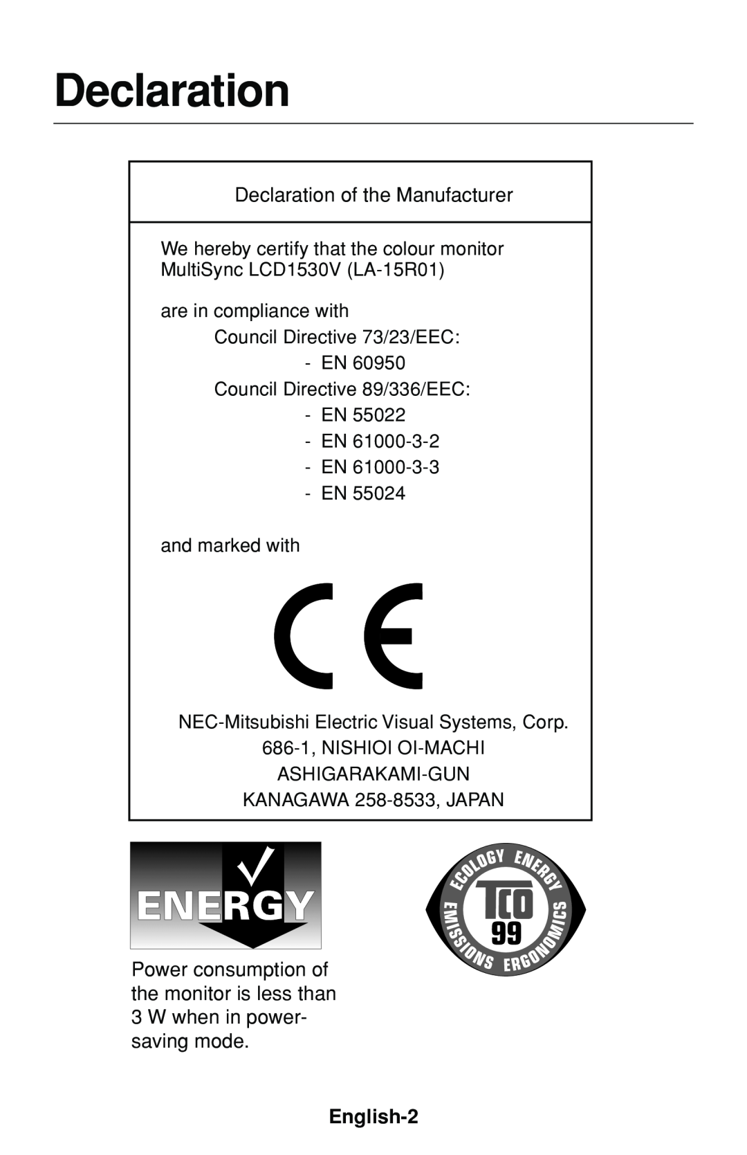 NEC LCD1530V user manual Declaration, English-2 