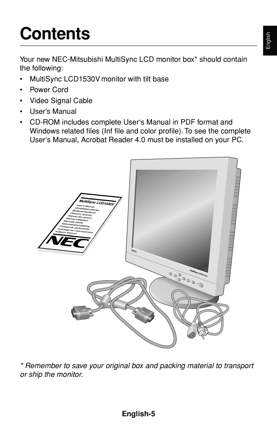 NEC LCD1530V user manual Contents, English-5 