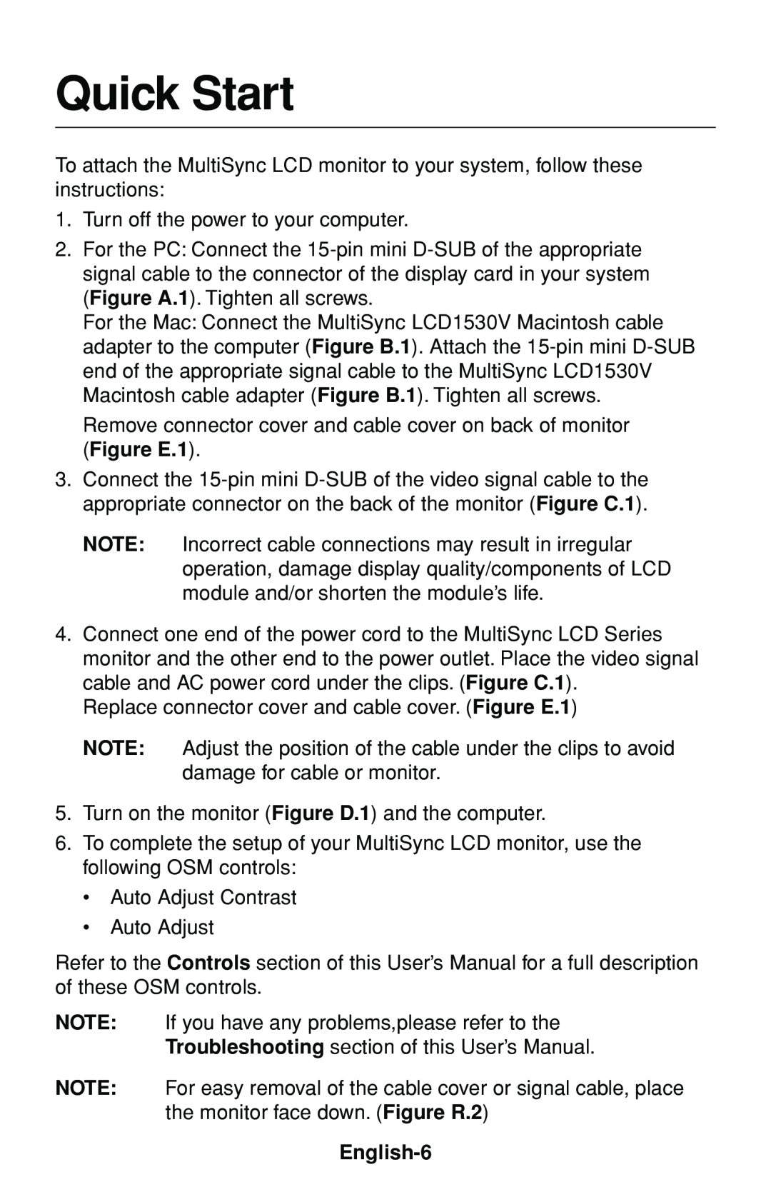 NEC LCD1530V user manual Quick Start, English-6 