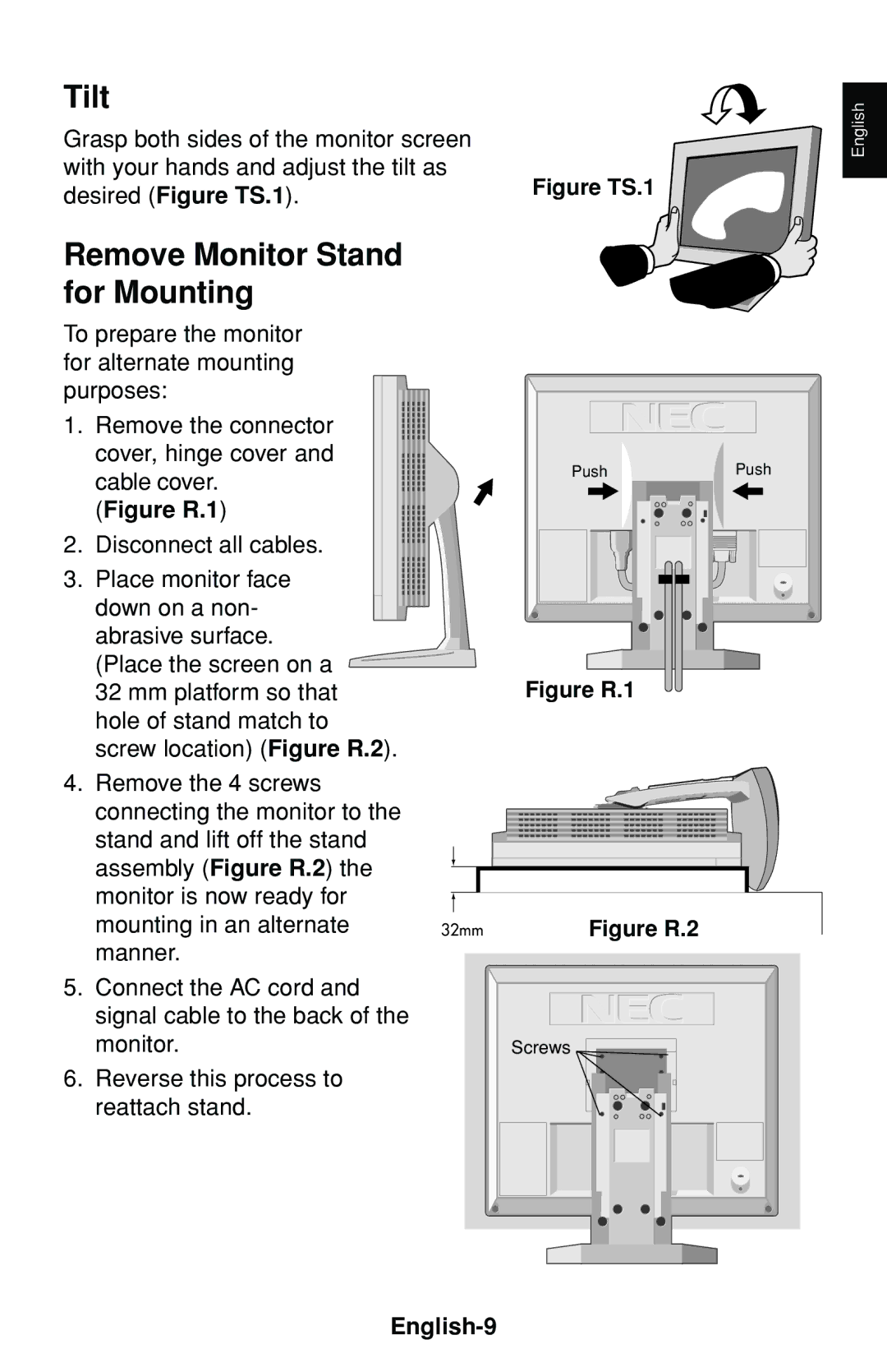 NEC LCD1530V user manual Tilt, Remove Monitor Stand For Mounting, English-9 