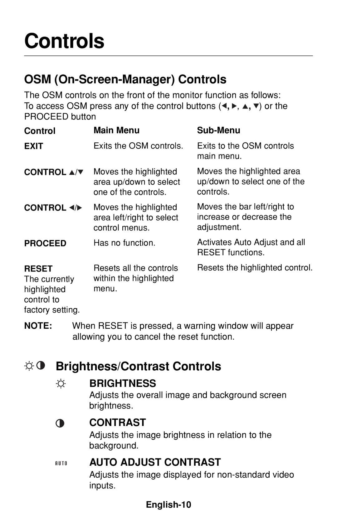 NEC LCD1530V OSM On-Screen-Manager Controls, Brightness/Contrast Controls, Control Main Menu Sub-Menu, English-10 