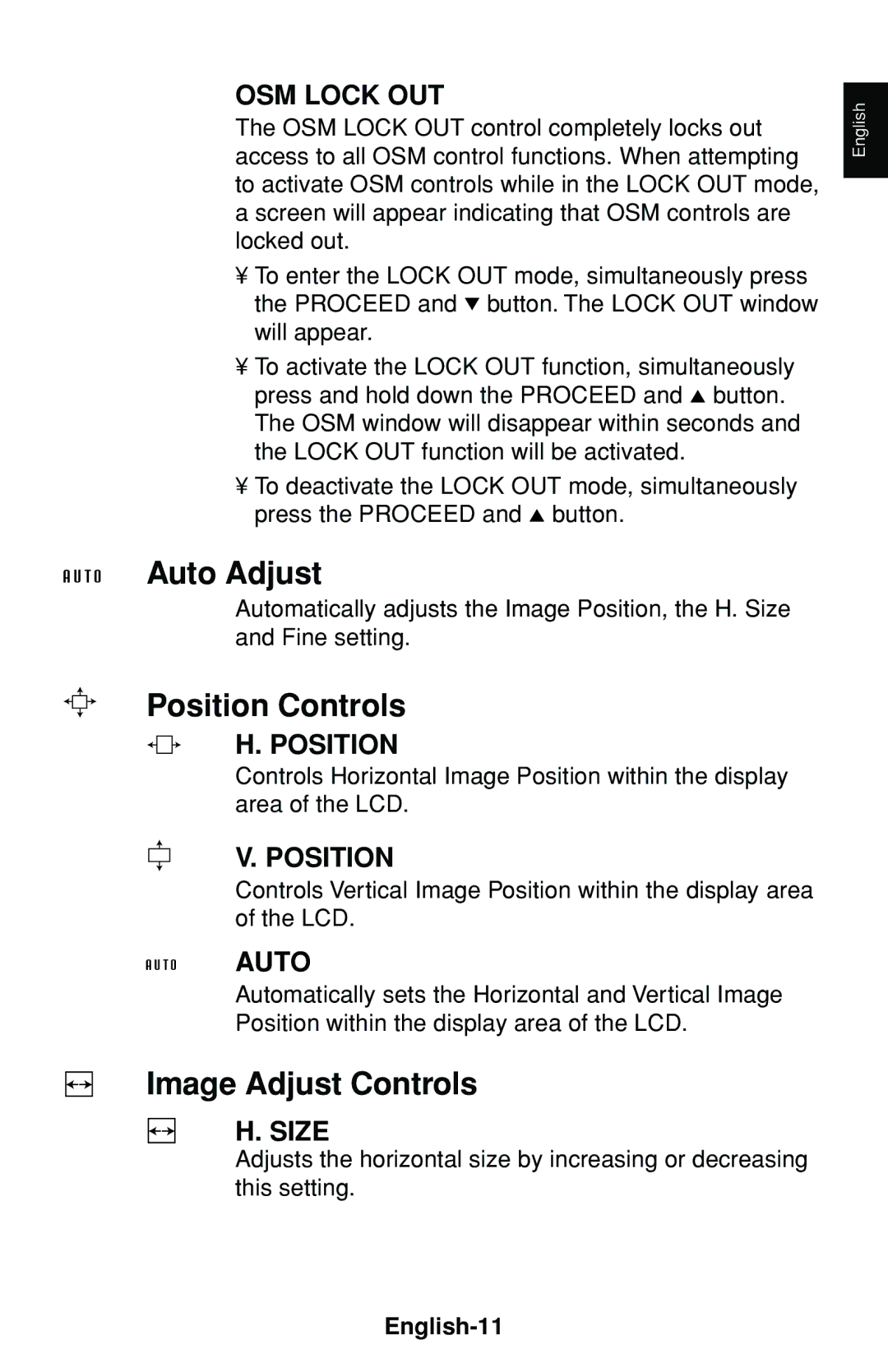 NEC LCD1530V user manual Auto Adjust, Position Controls, Image Adjust Controls, English-11 