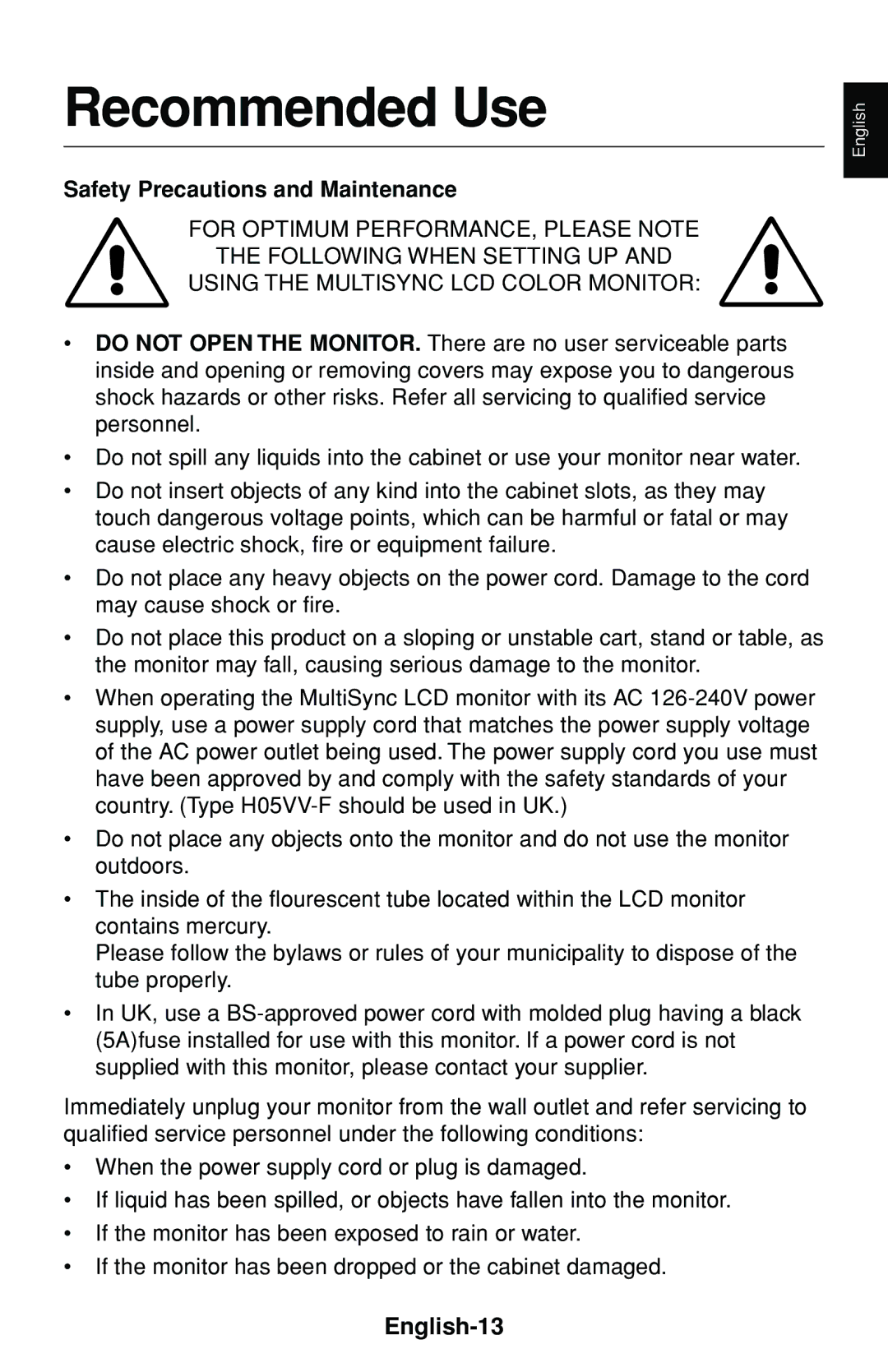 NEC LCD1530V user manual Recommended Use, English-13 