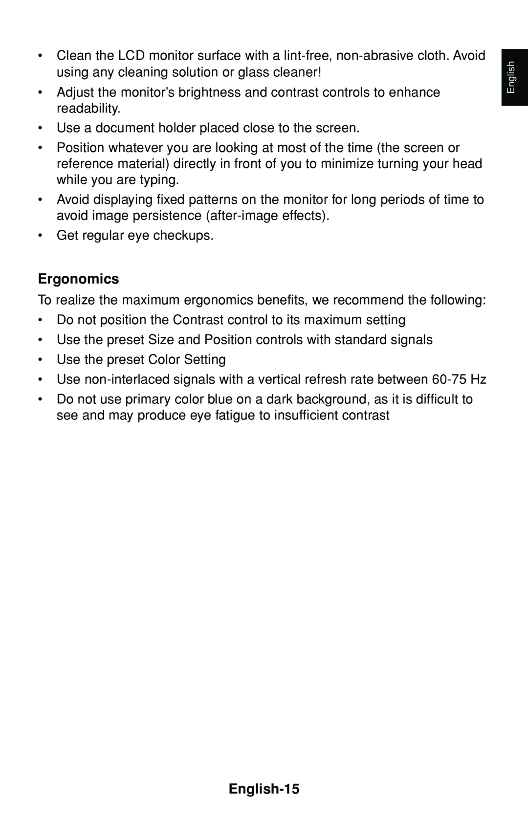 NEC LCD1530V user manual Ergonomics, English-15 