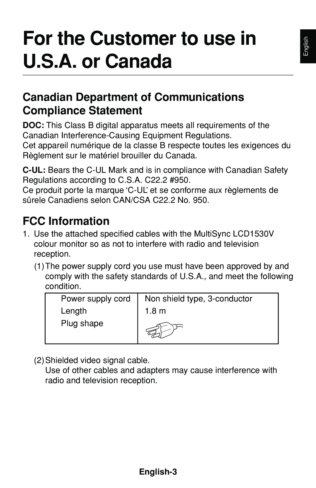 NEC LCD1530V For the Customer to use in U.S.A. or Canada, Canadian Department of Communications Compliance Statement 