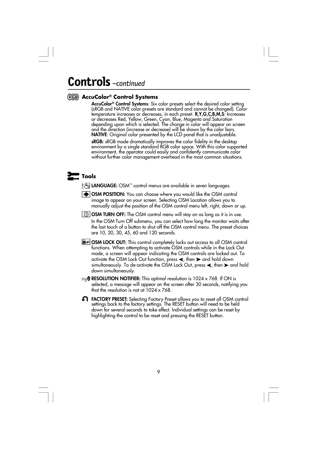NEC LA-15R03-BK, LCD1550M manual Controls -continued, AccuColor Control Systems, Tools 