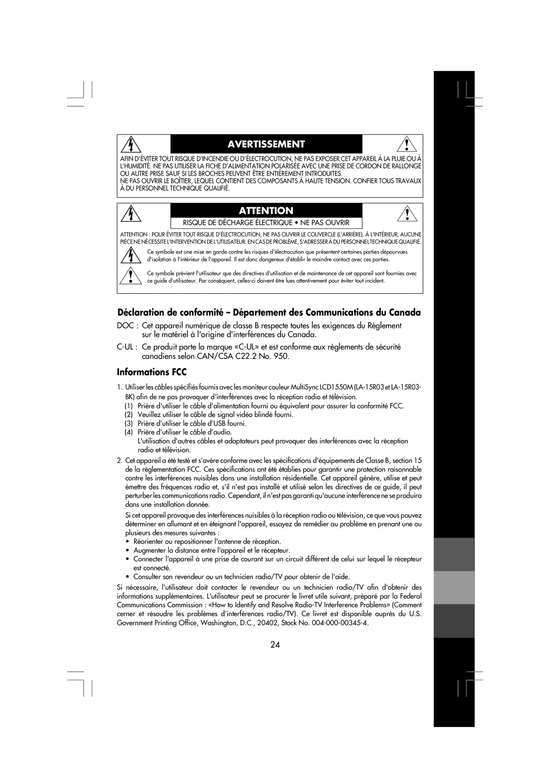NEC LCD1550M manual Déclaration de conformité - Département des Communications du Canada, Informations FCC, Avertissement 