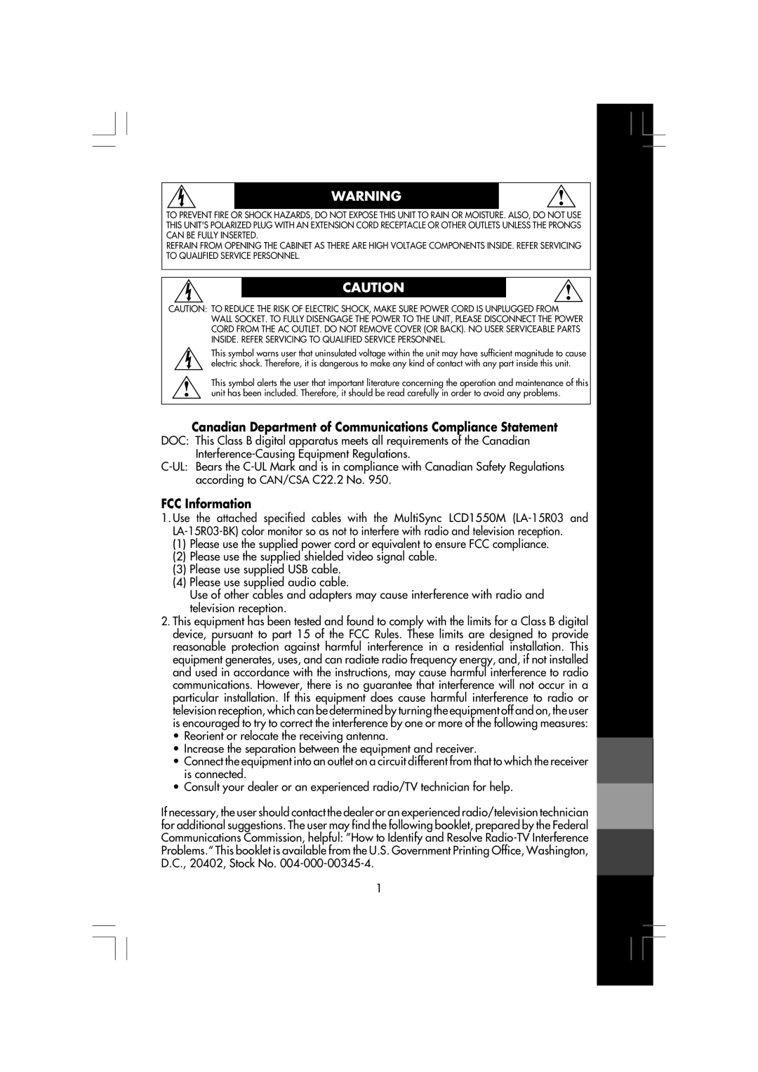 NEC LA-15R03-BK, LCD1550M manual Canadian Department of Communications Compliance Statement, FCC Information 