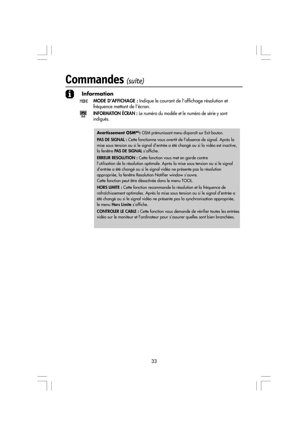 NEC LA-15R03-BK manual Commandes suite, Information, Avertissement OSMMC OSM prŽmunissant menu dispara”t sur Exit bouton 