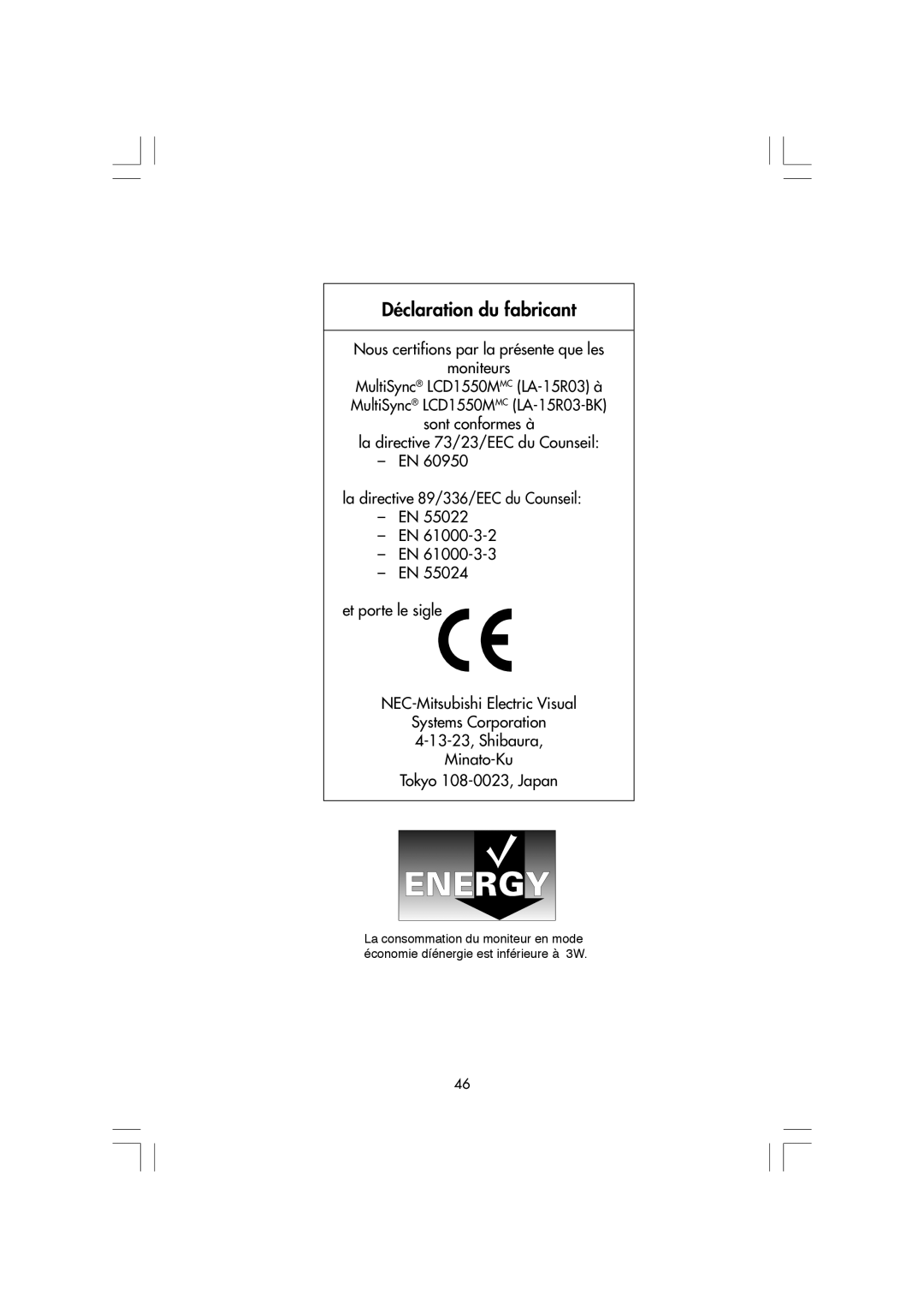 NEC LCD1550M, LA-15R03-BK manual Déclaration du fabricant 