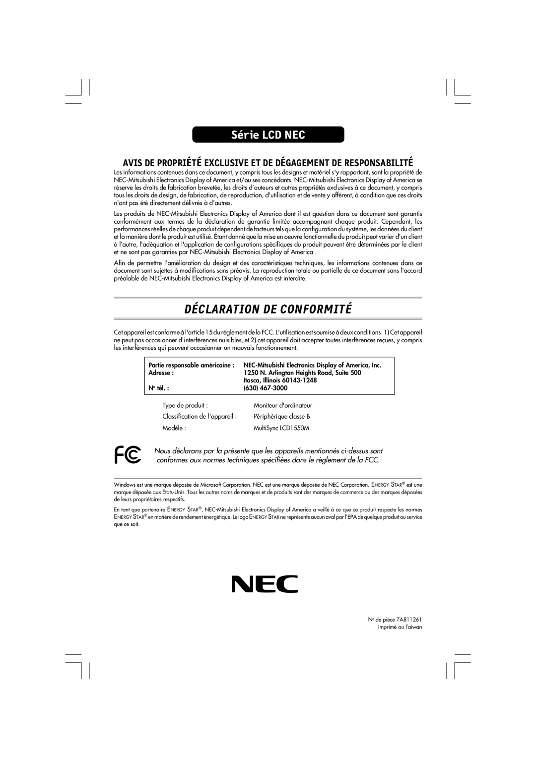 NEC LA-15R03-BK Déclaration De Conformité, Série LCD NEC, Avis De Propriété Exclusive Et De Dégagement De Responsabilité 