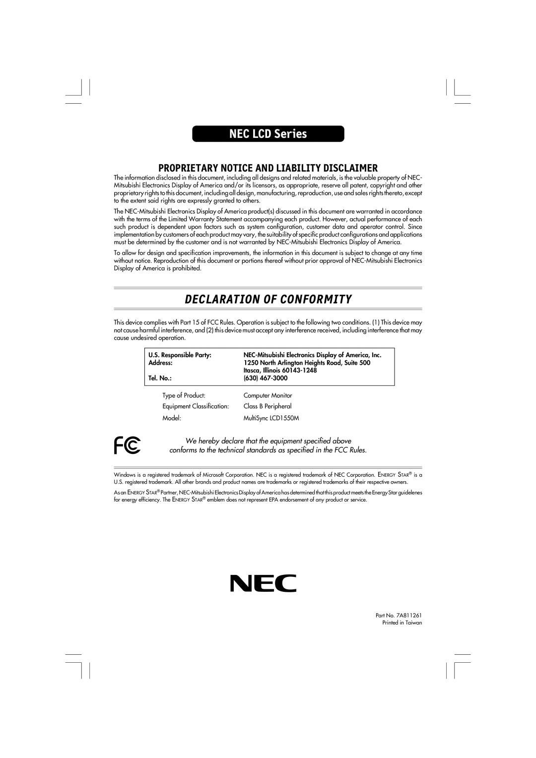 NEC LCD1550M, LA-15R03-BK manual Declaration Of Conformity, NEC LCD Series, Proprietary Notice And Liability Disclaimer 