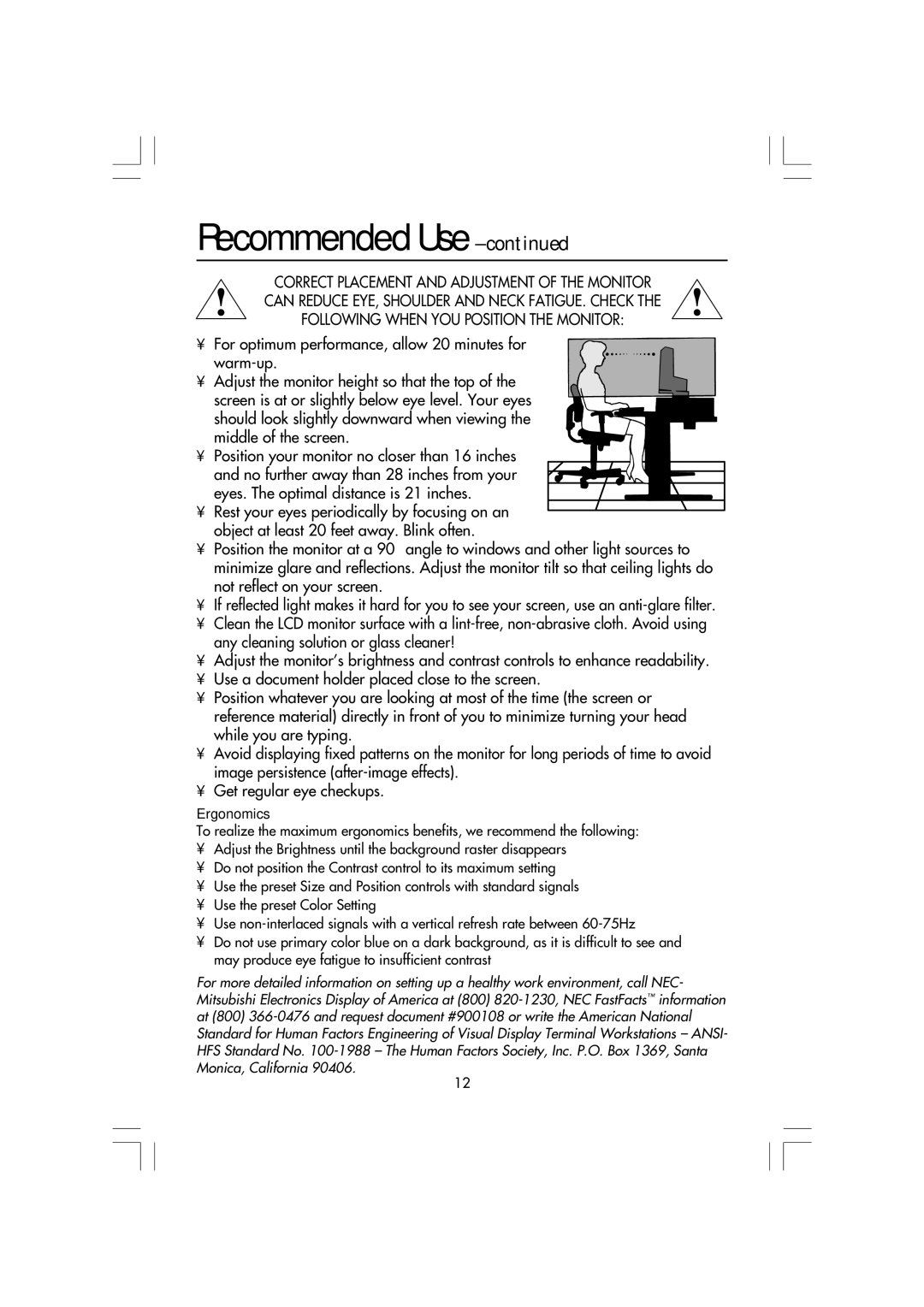 NEC LCD1550M, LA-15R03-BK manual Recommended Use, Ergonomics 