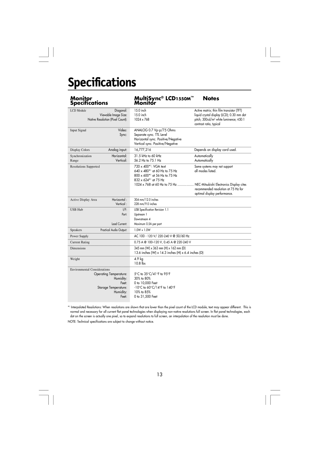 NEC LA-15R03-BK manual Monitor MultiSync LCD1550M Specifications 