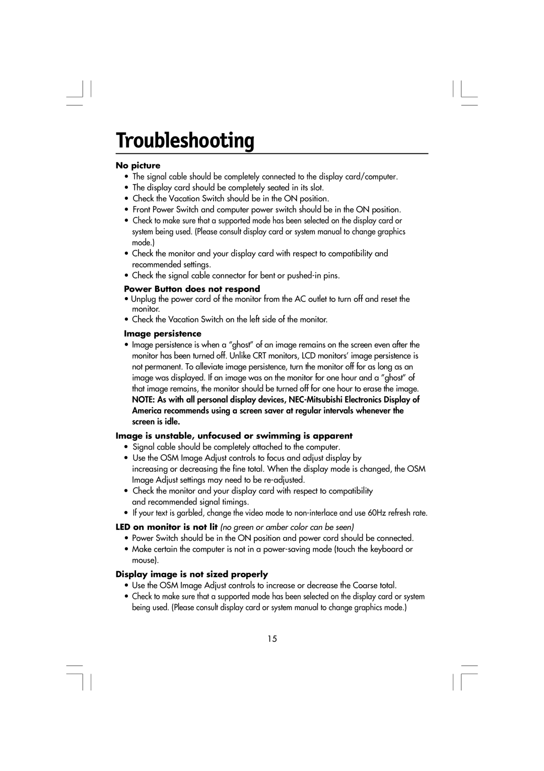 NEC LA-15R03-BK, LCD1550M manual Troubleshooting, No picture 