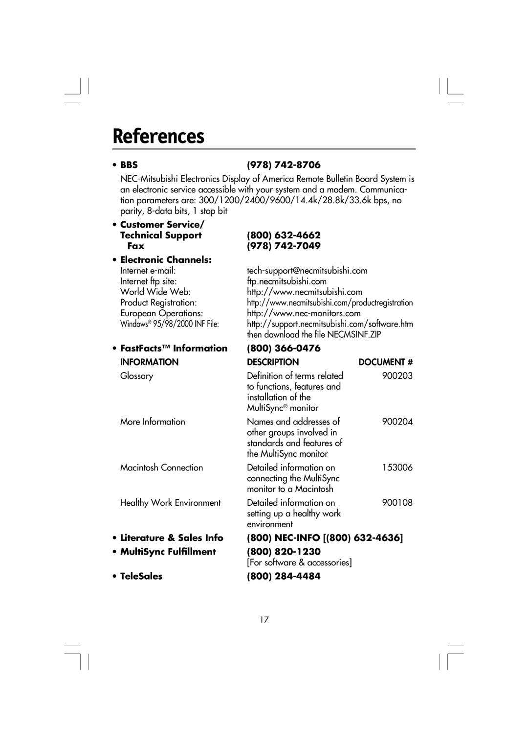 NEC LA-15R03-BK References, 978, FastFacts Information 800, Literature & Sales Info NEC-INFO 800 MultiSync Fulfillment 