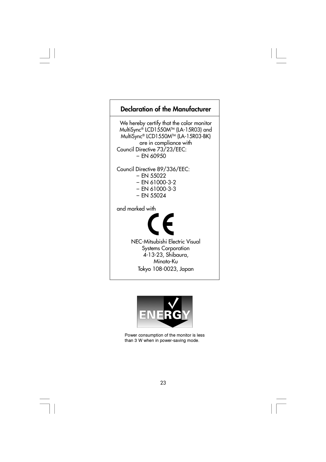 NEC LA-15R03-BK, LCD1550M manual Declaration of the Manufacturer 