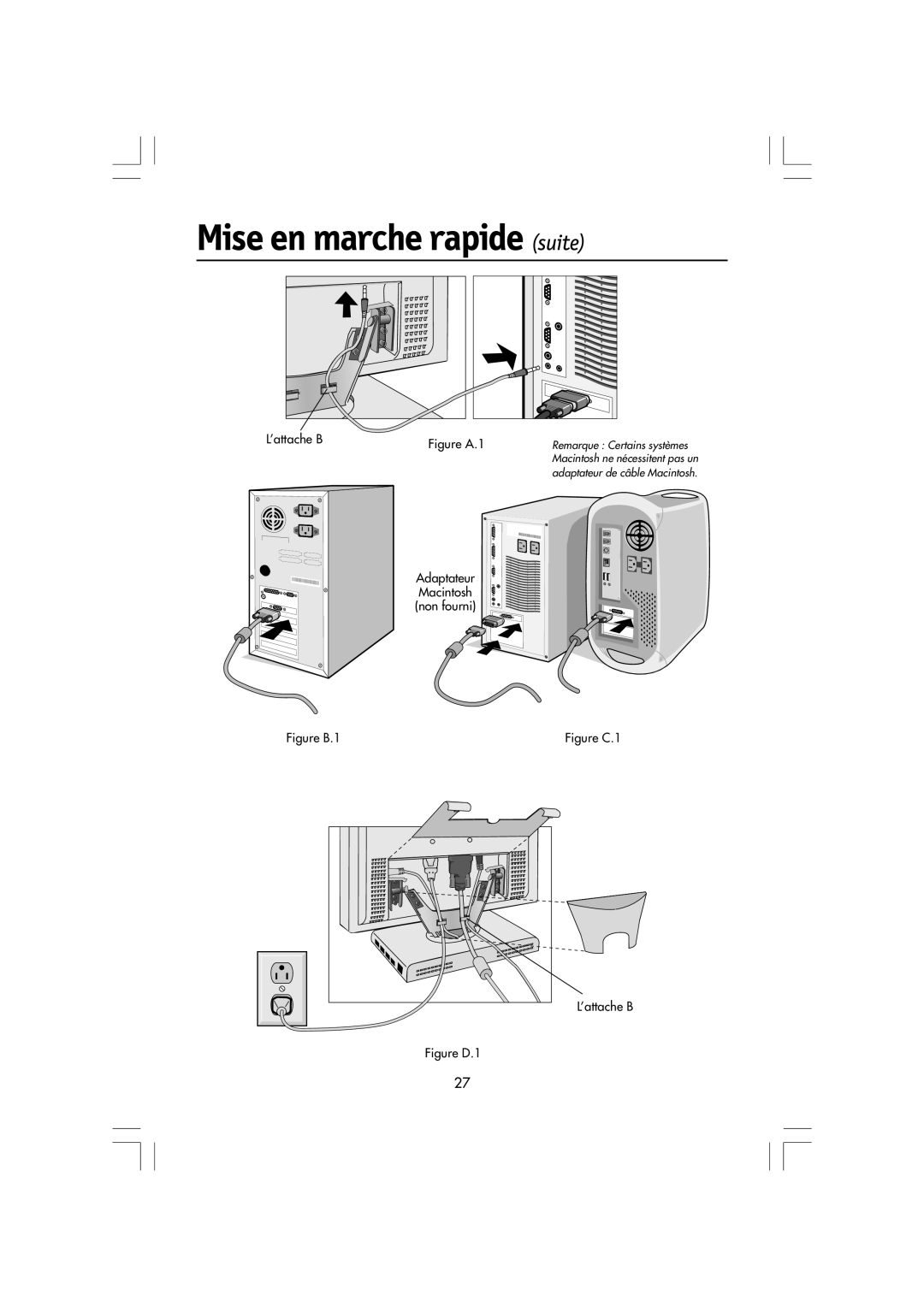 NEC LA-15R03-BK, LCD1550M manual Mise en marche rapide suite, Adaptateur Macintosh non fourni 