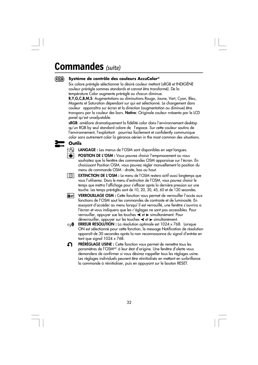 NEC LCD1550M, LA-15R03-BK manual Commandes suite, Outils 