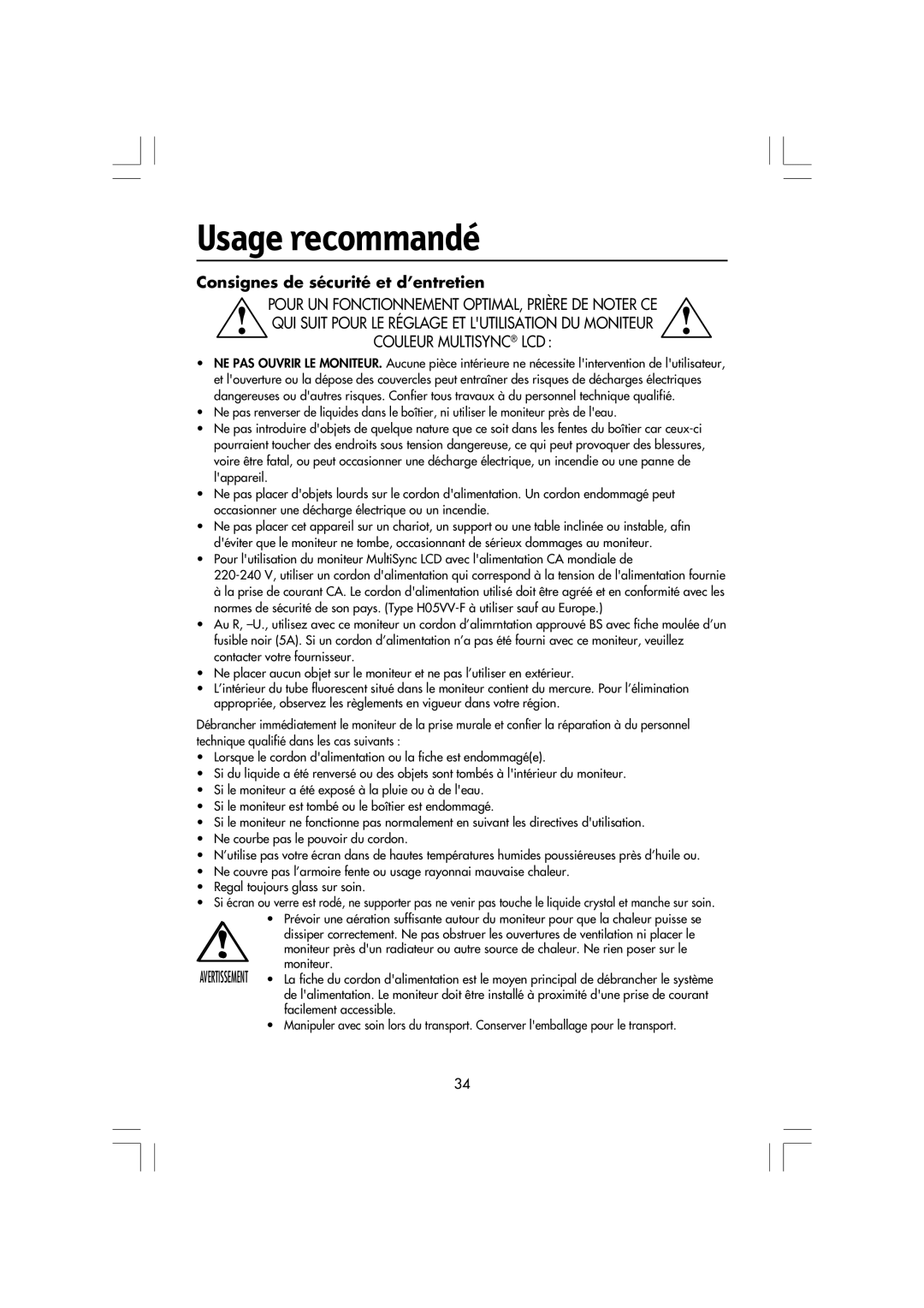 NEC LCD1550M, LA-15R03-BK manual Usage recommandé, Consignes de sécurité et d’entretien 