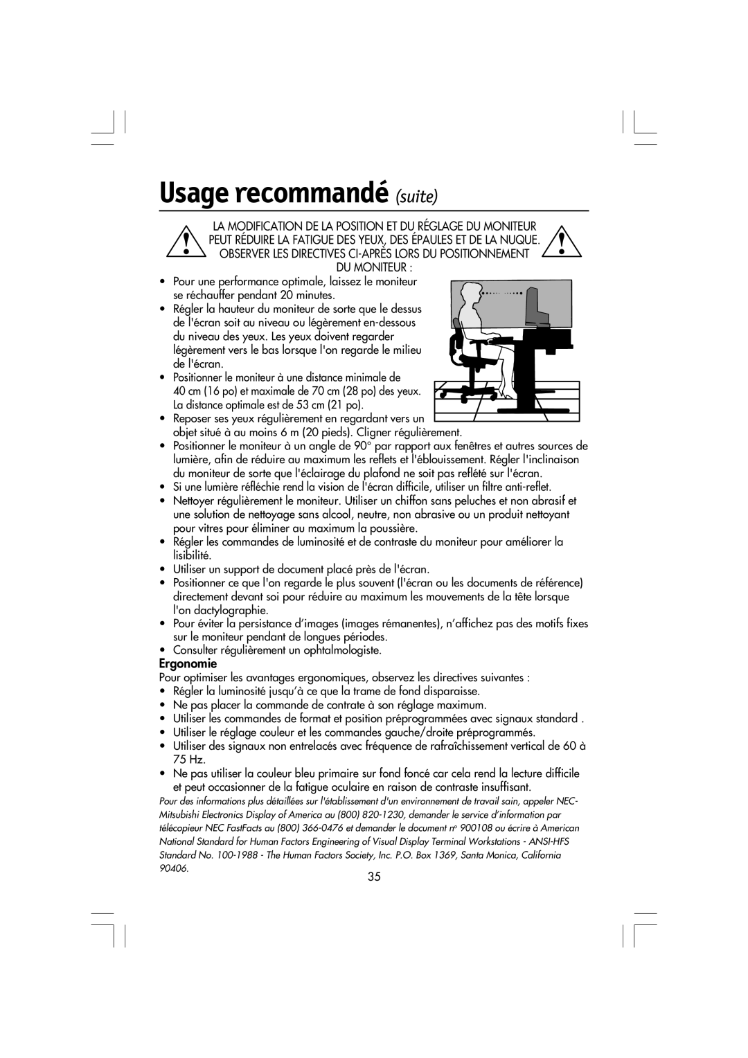 NEC LA-15R03-BK, LCD1550M manual Usage recommandé suite, DU Moniteur 