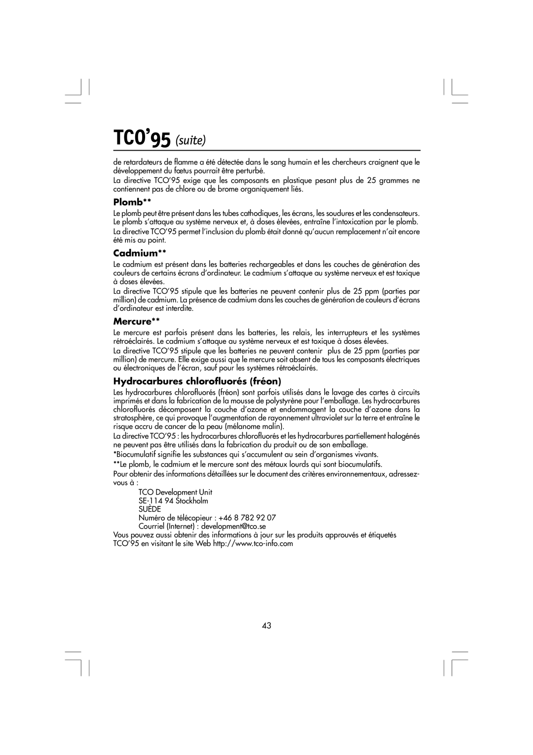 NEC LA-15R03-BK, LCD1550M manual TCO’95 suite, Plomb, Cadmium, Mercure, Hydrocarbures chlorofluorés fréon 