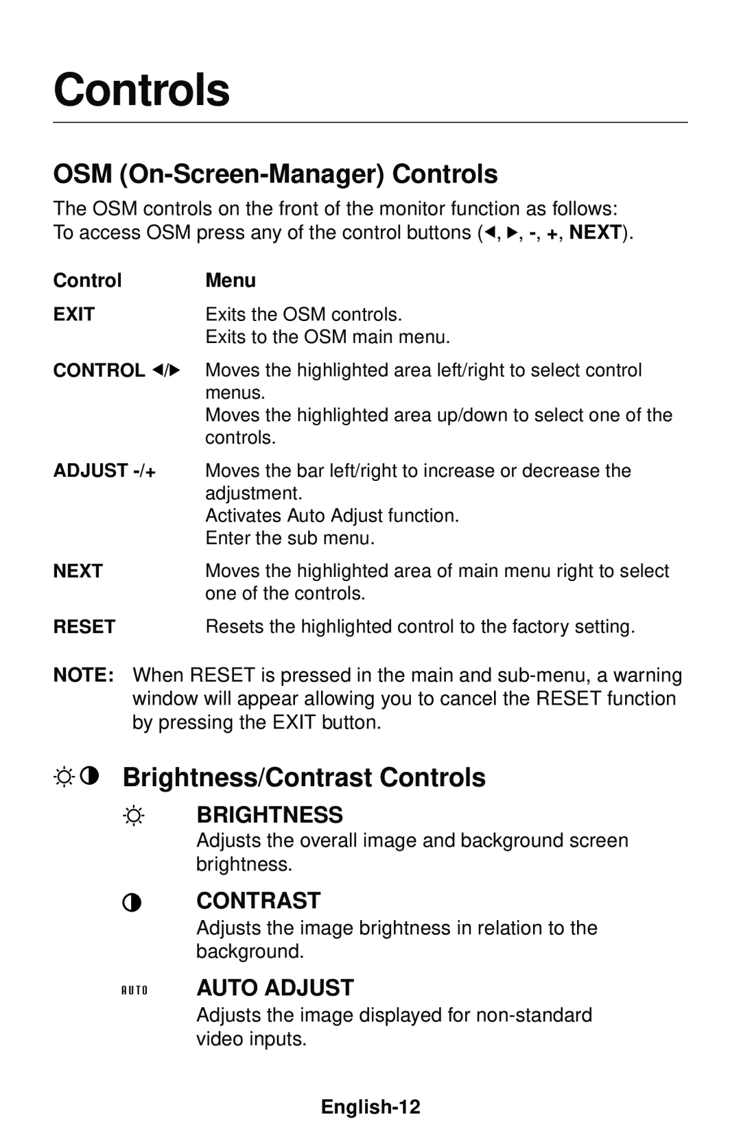 NEC LCD1550V user manual OSM On-Screen-Manager Controls, Brightness/Contrast Controls, Auto Adjust, Menu, English-12 