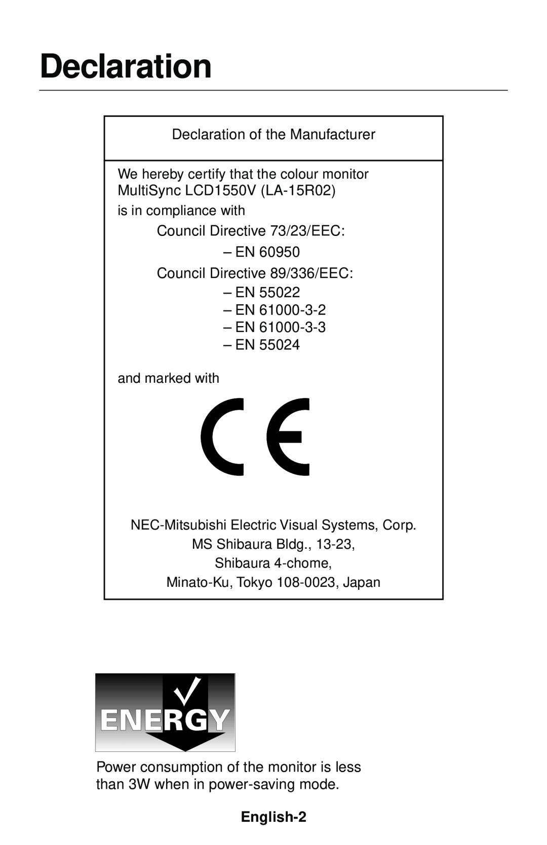 NEC LCD1550V user manual Declaration, English-2 