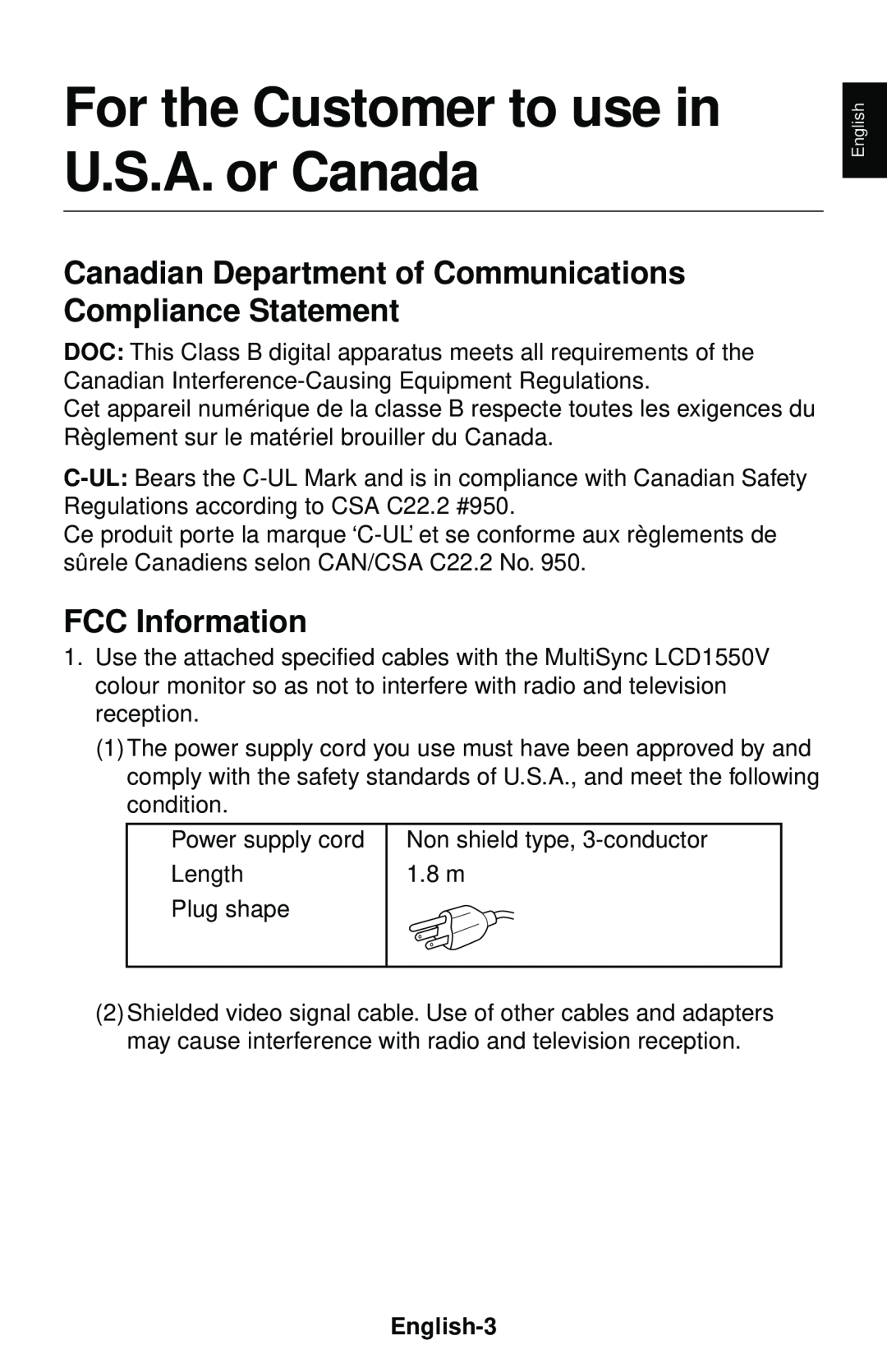 NEC LCD1550V For the Customer to use in U.S.A. or Canada, Canadian Department of Communications Compliance Statement 