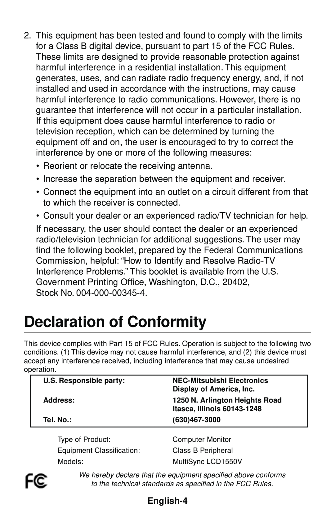 NEC LCD1550V user manual English-4, Declaration of Conformity 