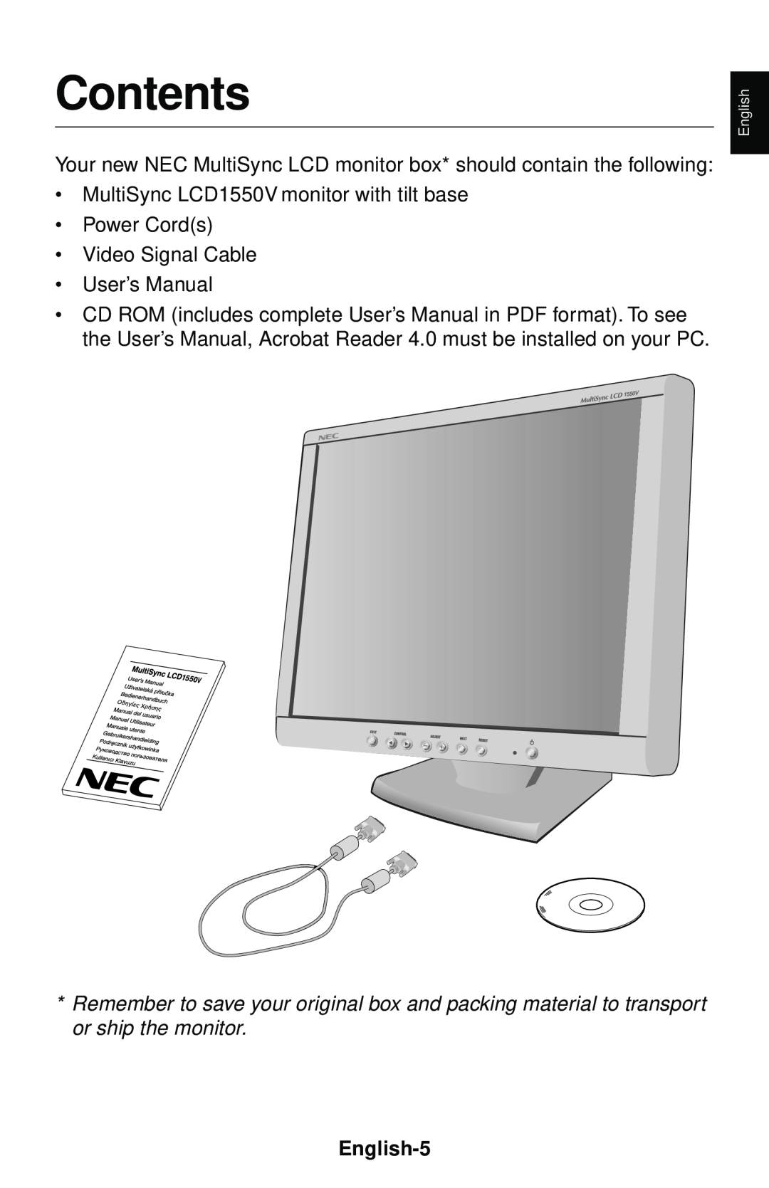 NEC LCD1550V user manual Contents, English-5 