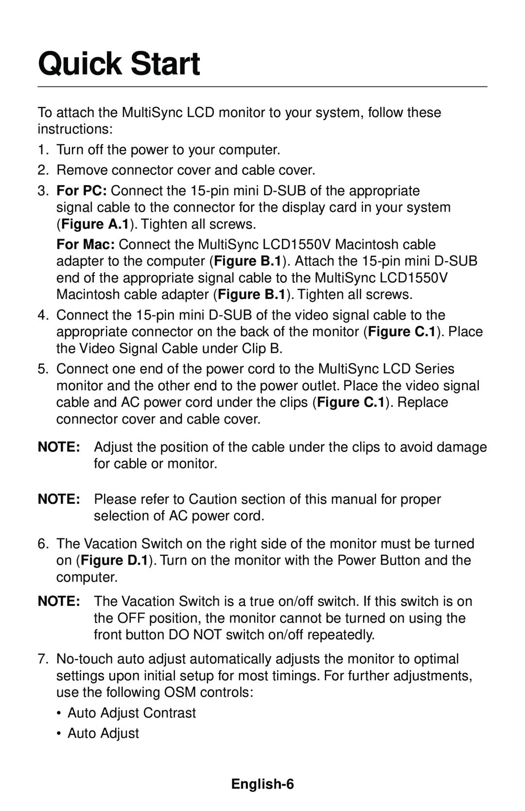 NEC LCD1550V user manual Quick Start, English-6 
