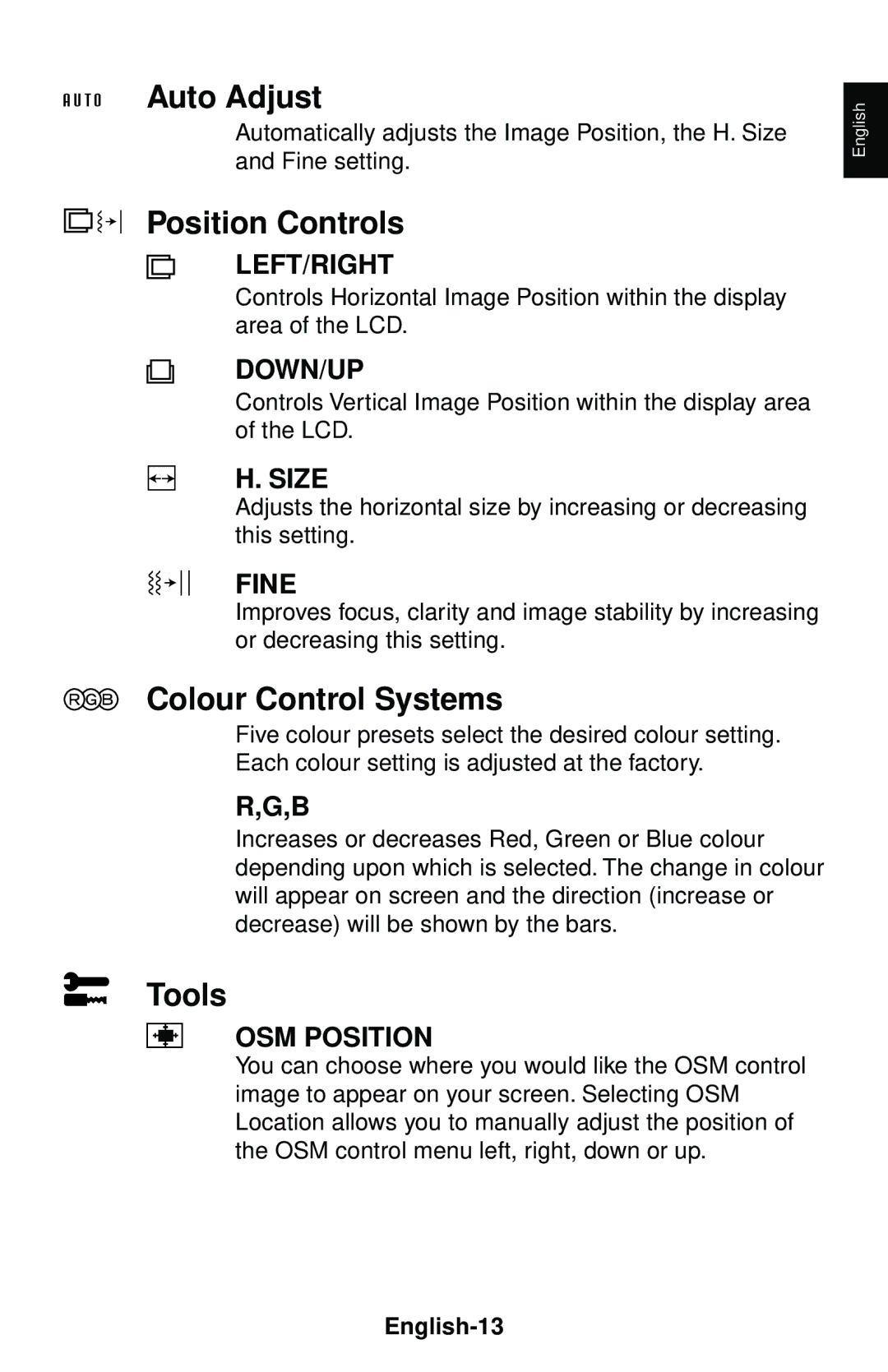 NEC LCD1550V user manual Auto Adjust, Position Controls, Colour Control Systems, Tools, English-13 