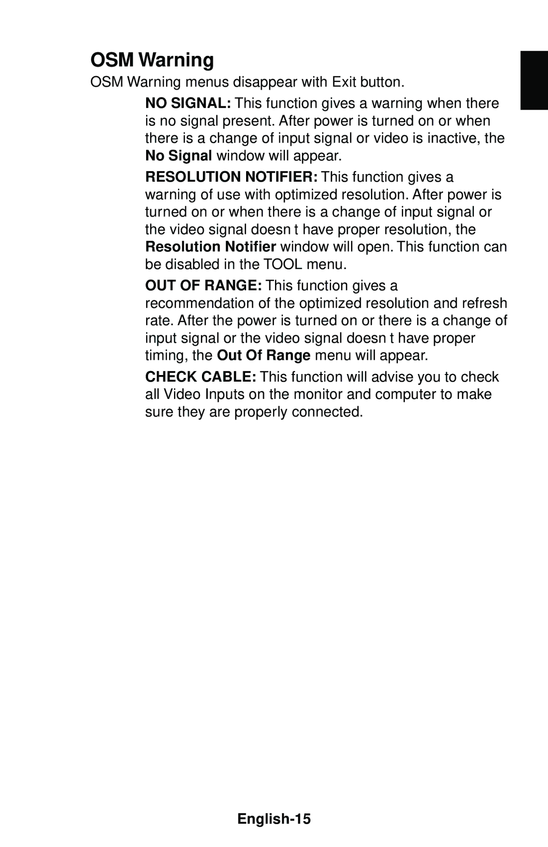 NEC LCD1550V user manual OSM Warning, English-15 