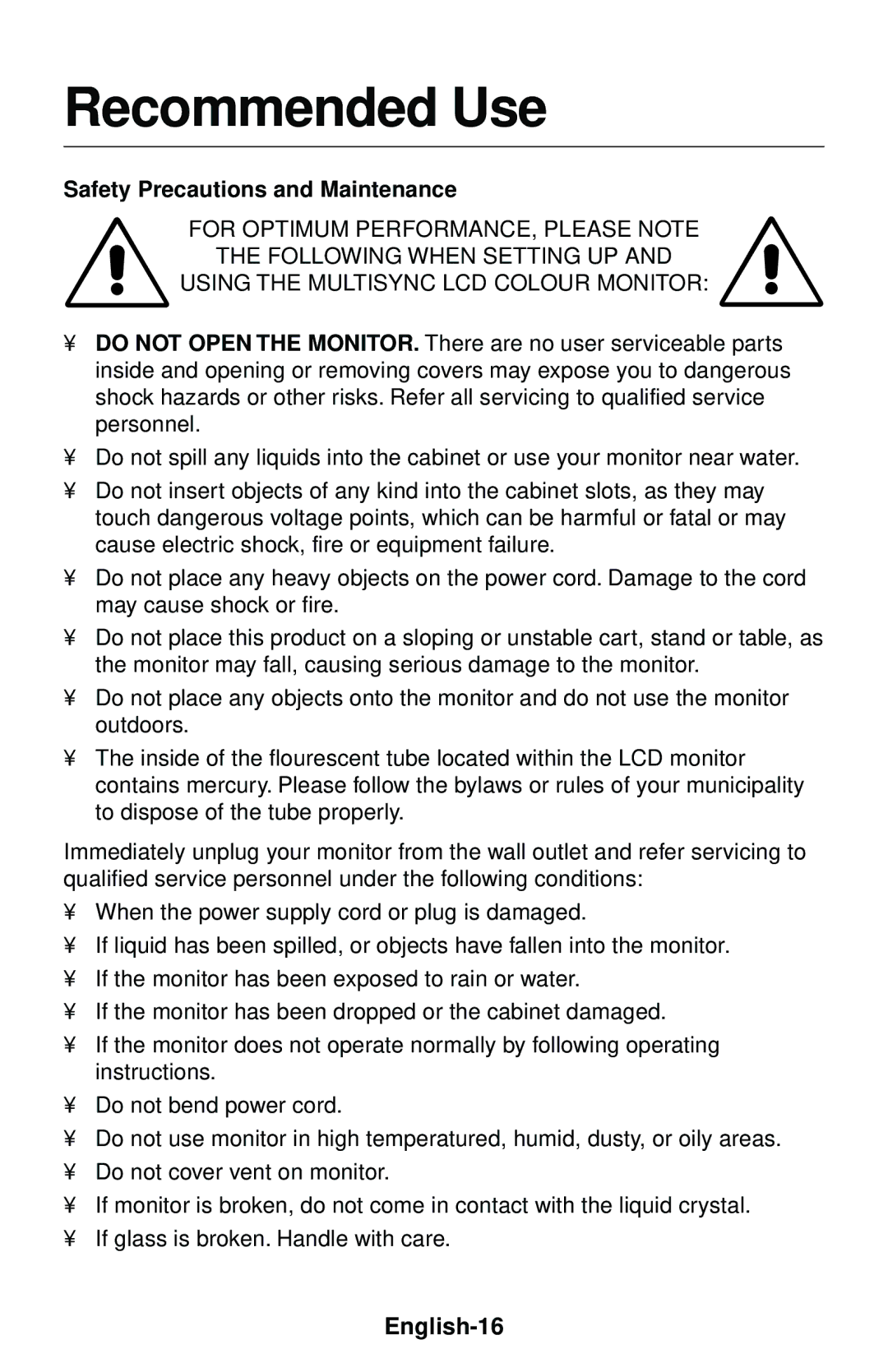 NEC LCD1550V user manual Recommended Use, English-16 