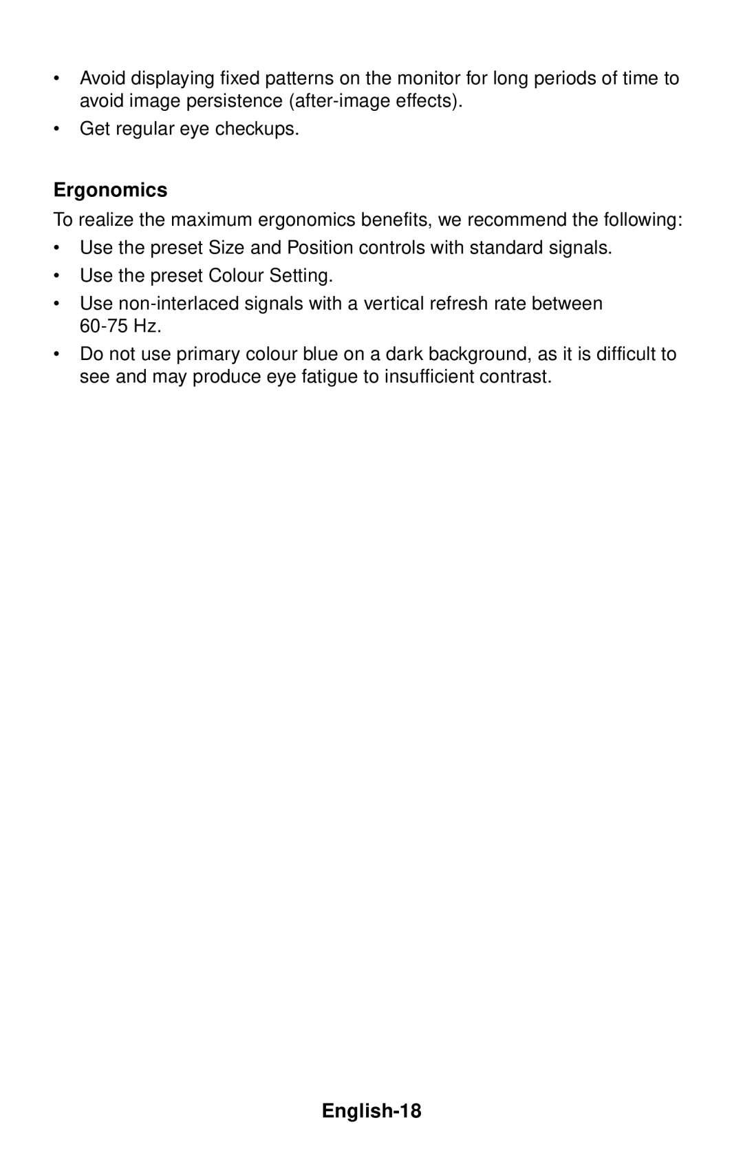 NEC LCD1550V user manual Ergonomics, English-18 