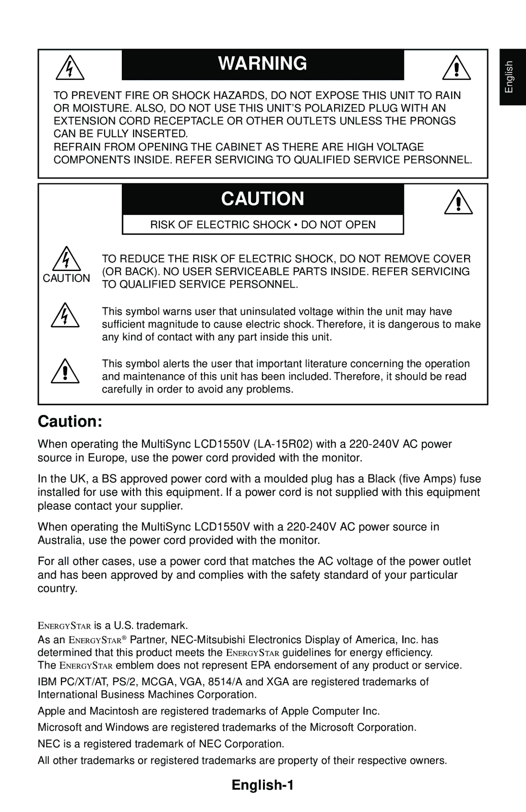 NEC LCD1550V user manual English-1 