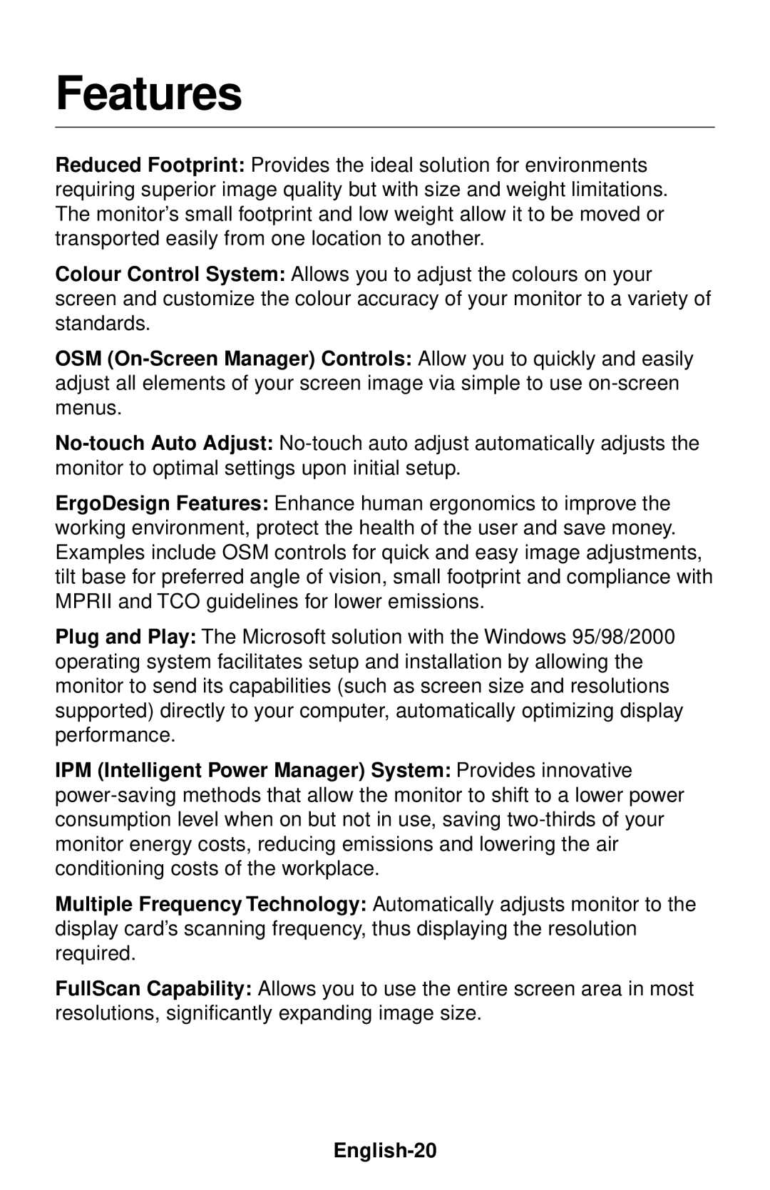 NEC LCD1550V user manual Features, English-20 