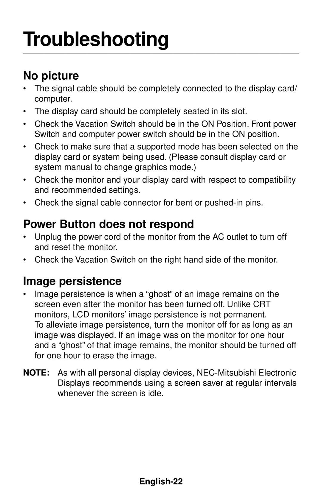 NEC LCD1550V user manual Troubleshooting, No picture, Power Button does not respond, Image persistence, English-22 