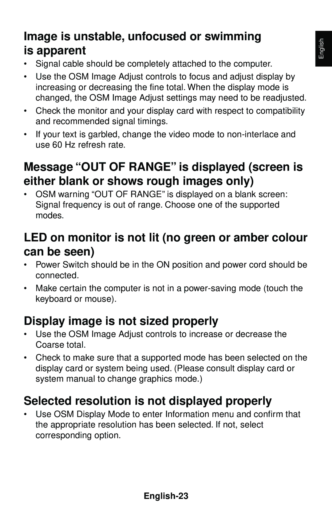 NEC LCD1550V Image is unstable, unfocused or swimming is apparent, Display image is not sized properly, English-23 