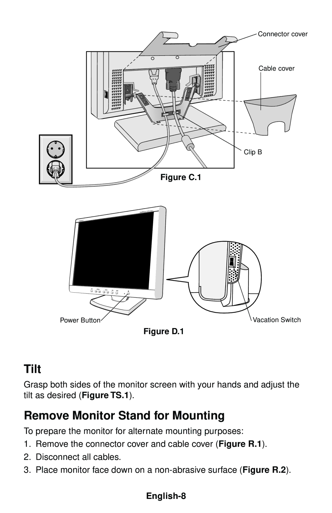 NEC LCD1550V user manual Tilt, Remove Monitor Stand for Mounting, English-8 