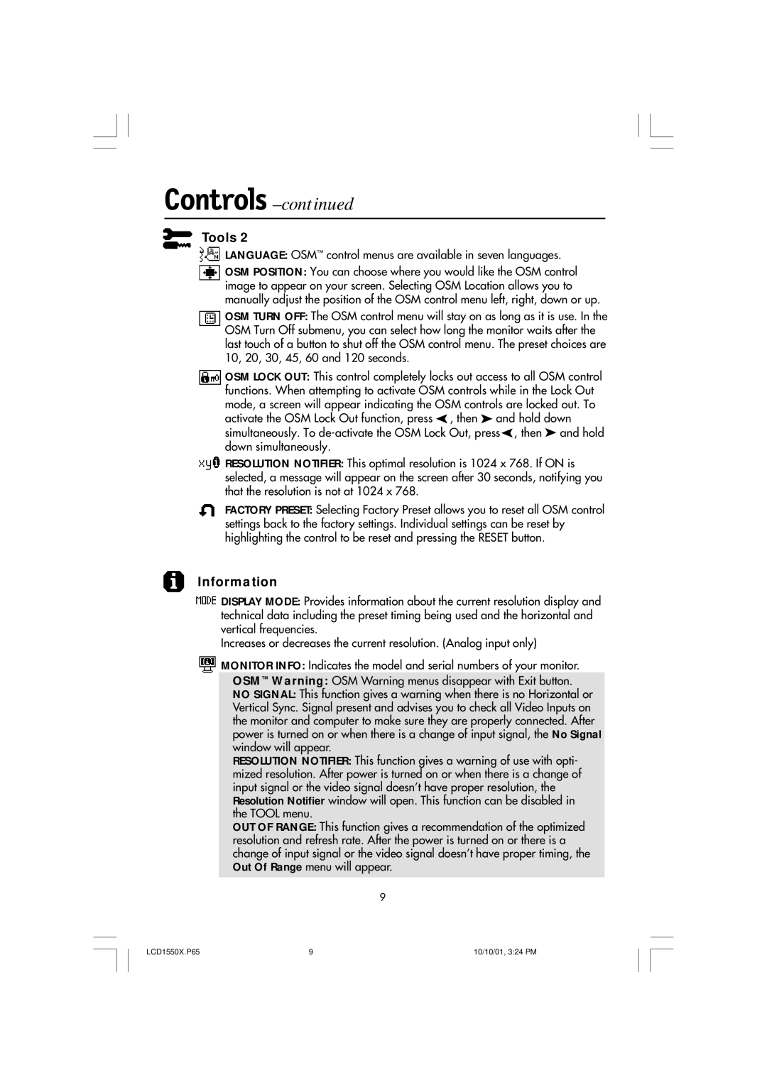 NEC LCD1550X manual Information, Language OSM control menus are available in seven languages 