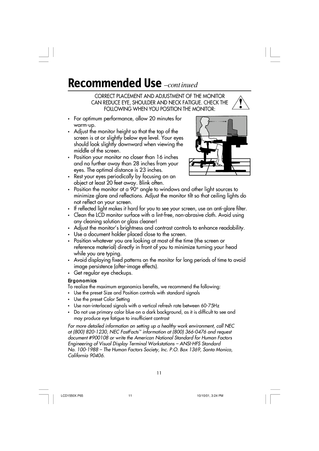 NEC LCD1550X manual Ergonomics 