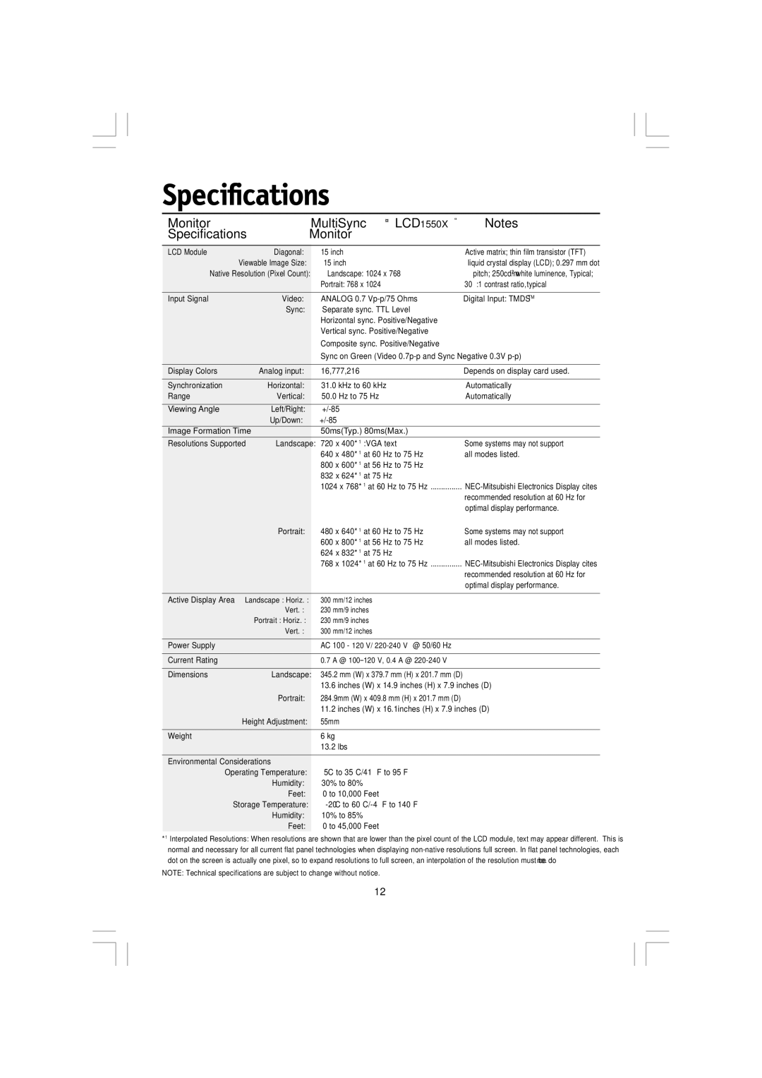 NEC manual Monitor MultiSync LCD1550X Specifications 