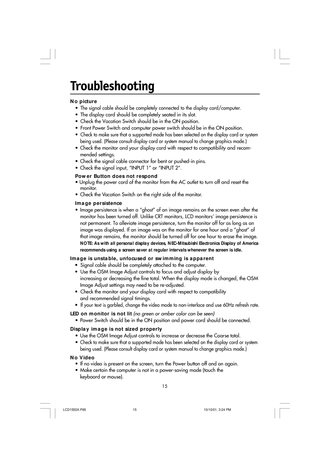 NEC LCD1550X manual Troubleshooting, No picture 