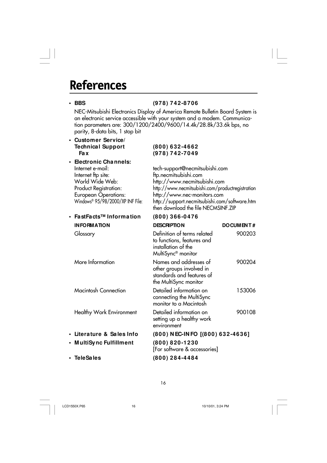 NEC LCD1550X manual References, 978, FastFacts Information 800, Literature & Sales Info NEC-INFO 800 MultiSync Fulfillment 