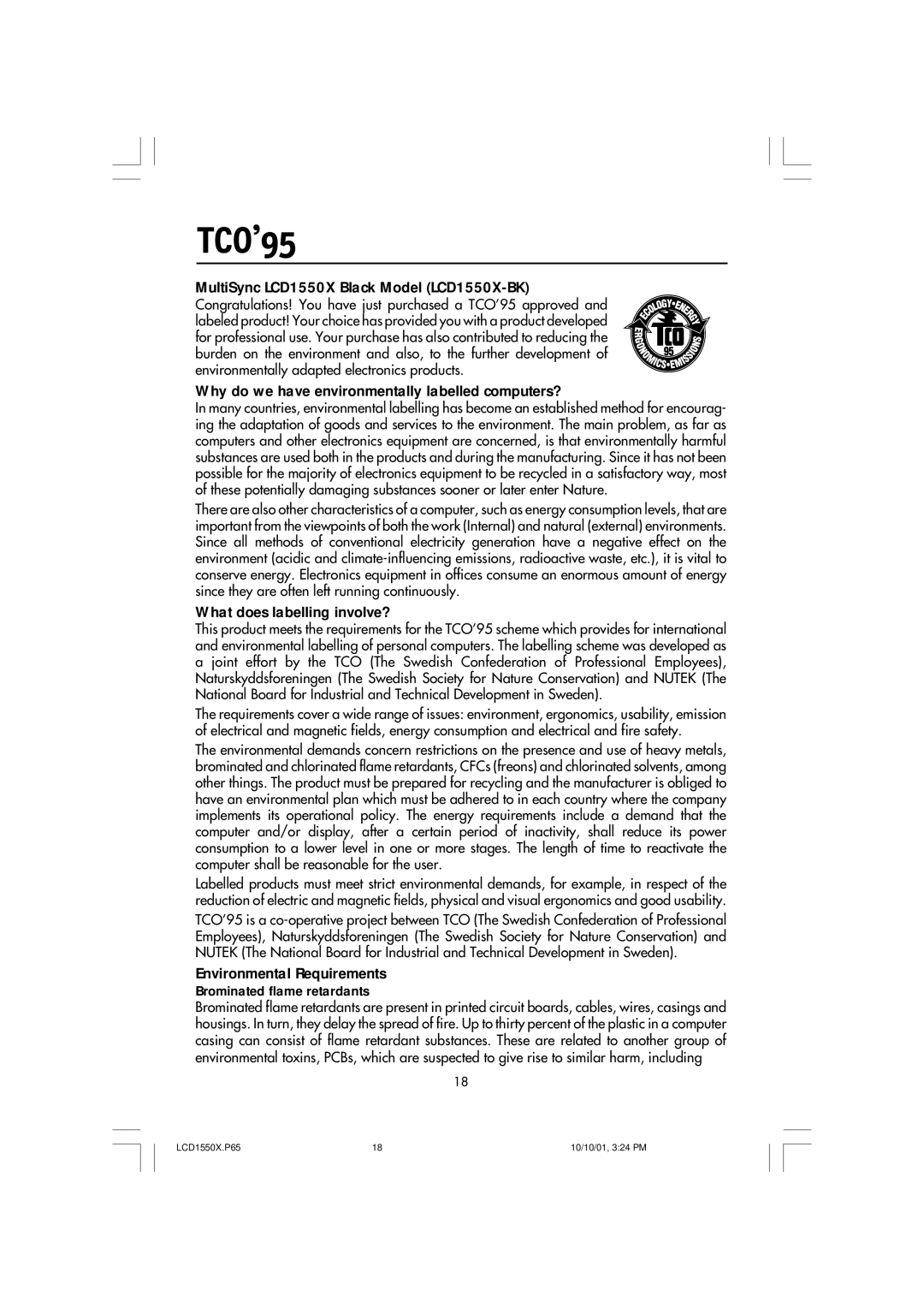 NEC manual TCO’95, MultiSync LCD1550X Black Model LCD1550X-BK, Why do we have environmentally labelled computers? 