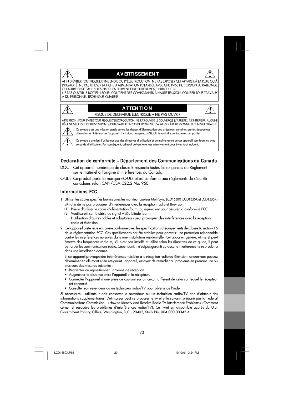 NEC LCD1550X manual Avertissement, Informations FCC 